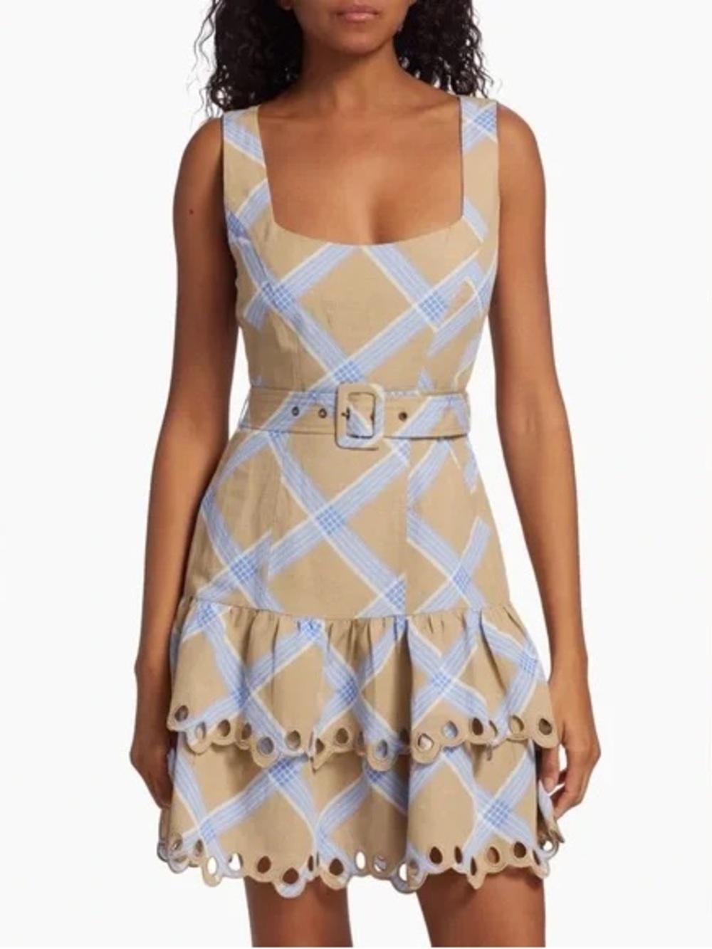 En Saison Beige and Light Blue Plaid Square-Neck Belted Mini Dress